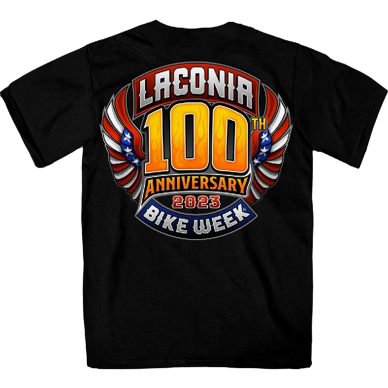 Winter Wardrobe Clearance Hot Leathers ELM1054 Men's Black 2023 Laconia Motorcycle Rally 100th Anniversary Logo Bike Week T-Shirt Winter Wardrobe Clearance Hot Leathers ELM1054 Men's Black 2023 Laconia Motorcycle Rally 100th Anniversary Logo Bike Week T-Shirt